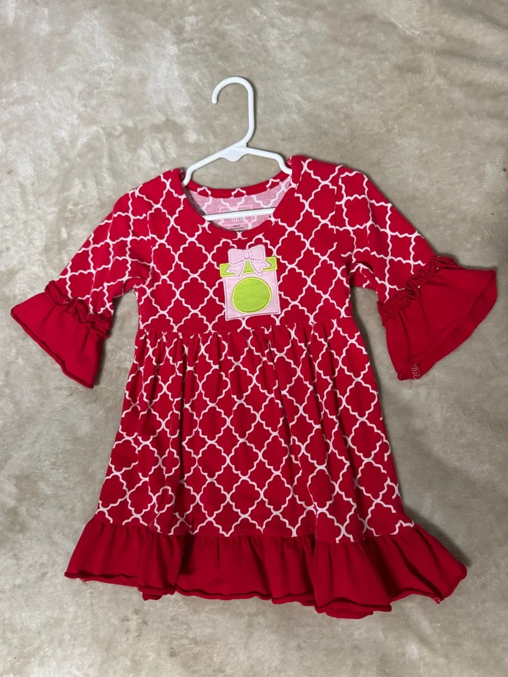 Girls Red Patterned Ruffle Hem Dress